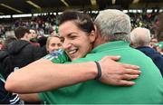8 October 2017; Aine McGovern of Fermanagh celebrates with fans after the TG4 Ladies Football All-Ireland Junior Championship Final Replay between Derry and Fermanagh at St Tiernach's Park in Clones, Co Monaghan. Photo by Oliver McVeigh/Sportsfile