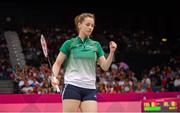 31 July 2012; Ireland's Chloe Magee celebrates a point during the women's singles group play stage against France's Hongyan Pi. London 2012 Olympic Games, Badminton, Wembley Arena, Wembley, London, England. Picture credit: Stephen McCarthy / SPORTSFILE