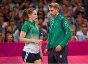 31 July 2012; Ireland's Chloe Magee with coach Daniel Magee during the women's singles group play stage match against France's Hongyan Pi. London 2012 Olympic Games, Badminton, Wembley Arena, Wembley, London, England. Picture credit: Stephen McCarthy / SPORTSFILE
