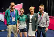 29 July 2012; Ireland's Chloe Magee and coach Daniel Magee with Minister for Transport, Tourism and Sport Leo Varadkar T.D. and Badminton Ireland president Breda Connolly following her victory over Egypt's Hadia Hosny in the women's singles group play stage. London 2012 Olympic Games, Badminton, Wembley Arena, Wembley, London, England. Picture credit: Stephen McCarthy / SPORTSFILE
