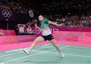 29 July 2012; Ireland's Chloe Magee competes in the women's singles group play stage against Egypt's Hadia Hosny. London 2012 Olympic Games, Badminton, Wembley Arena, Wembley, London, England. Picture credit: Stephen McCarthy / SPORTSFILE