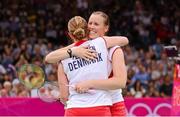 29 July 2012; Denmark's Kamilla Juhl, right, and Christinna Pedersen celebrates their women's doubles victory over Lok Yan Poon and Ying Suet Tse, Hong Kong China. London 2012 Olympic Games, Badminton, Wembley Arena, Wembley, London, England. Picture credit: Stephen McCarthy / SPORTSFILE