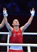 1 August 2012; John Joe Nevin, Ireland, celebrates as he is declared the winner over Kanat Abutalipov, Kazakhstan, in their men's bantam 56kg round of 16 contest. London 2012 Olympic Games, Boxing, South Arena 2, ExCeL Arena, Royal Victoria Dock, London, England. Picture credit: David Maher / SPORTSFILE