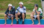 1 August 2012; Ireland's Eoin Rheinisch, right, alongside Etienne Daille, France, left, and Richard Hounslow, Great Britain, after his run in the semi-final of the Men's Kayak Single K1 where he finished in 14th place and did not qualify for the final. London 2012 Olympic Games, Canoeing, Lee Valley White Water Centre, Waltham Cross, Hertfordshire, London, England. Picture credit: Brendan Moran / SPORTSFILE