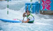 1 August 2012; Ireland's Eoin Rheinisch gets into difficulty around Gate 19 in the semi-final of the Men's Kayak Single K1 where he finished in 14th place and did not qualify for the final. London 2012 Olympic Games, Canoeing, Lee Valley White Water Centre, Waltham Cross, Hertfordshire, London, England. Picture credit: Brendan Moran / SPORTSFILE
