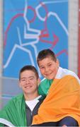 1 August 2012; Max Feehan, left, age 13, and his brother Deema, age 10, from Ferbane, Co. Offaly, at the ExCeL Arena, ahead of John Joe Nevin's men's bantamweight 56kg round of 32 contest bout against Kanat Abutalipov, Kazakhstan. London 2012 Olympic Games, Boxing, South Arena 2, ExCeL Arena, Royal Victoria Dock, London, England. Picture credit: David Maher / SPORTSFILE