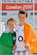 2 August 2012; Thomas Keskin, left, age 7, with his brother Henry, on his eleventh birthday today, both from Clarinbridge, Co. Galway, outside the ExCel Arena, ahead of Darren O'Neill's middle 75kg round of 16 contest against Stefan Hartel, Germany. London 2012 Olympic Games, Boxing, South Arena 2, ExCeL Arena, Royal Victoria Dock, London, England. Picture credit: David Maher / SPORTSFILE