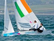 2 August 2012; Ireland's Peter O'Leary, skipper, and David Burrows, crew, compete in the men's star keelboat fleet race. London 2012 Olympic Games, Sailing, Weymouth & Portland National Sailing Academy, Portland, Dorset, England. Picture credit: David Branigan / SPORTSFILE