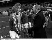 30 April 1980; President Patrick Hiliary is introduced to the Irish captain, Tony Grealish, Gerry Peyton and Don Givens before the match, Republic of Ireland v Switzerland, Friendly International, Lansdowne Road, Dublin, Soccer.  Picture credit; Ray McManus / SPORTSFILE