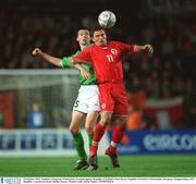 16 October 2002; Stephane Chapuisat, Switzerland, in action against Republic of Ireland's Gary Breen. Republic of Ireland v Switzerland, European Championships 2004 Qualifier, Lansdowne Road, Dublin. Soccer. Picture credit; David Maher / SPORTSFILE