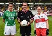 8 October 2017; Referee Kevin Corcoran along with Fermanagh Captain Aine McGovern, left, and Derry Captain Cait Glass before the TG4 Ladies Football All-Ireland Junior Championship Final Replay between Derry and Fermanagh at St Tiernach's Park in Clones, Co Monaghan. Photo by Oliver McVeigh/Sportsfile