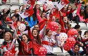 8 October 2017; Derry fans during the TG4 Ladies Football All-Ireland Junior Championship Final Replay between Derry and Fermanagh at St Tiernach's Park in Clones, Co Monaghan. Photo by Oliver McVeigh/Sportsfile