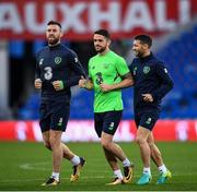 8 October 2017; Republic of Ireland players, from left, Daryl Murphy, Robbie Brady and Wes Hoolahan during squad training at Cardiff City Stadium in Cardiff, Wales. Photo by Stephen McCarthy/Sportsfile
