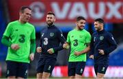 8 October 2017; Republic of Ireland players, from left, Glenn Whelan, Daryl Murphy, Robbie Brady and Wes Hoolahan during squad training at Cardiff City Stadium in Cardiff, Wales. Photo by Stephen McCarthy/Sportsfile