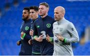 8 October 2017; Republic of Ireland players, from left, Cyrus Christie, Callum O'Dowda, Aiden O'Brien and fitness coach Dan Horan during squad training at Cardiff City Stadium in Cardiff, Wales. Photo by Stephen McCarthy/Sportsfile