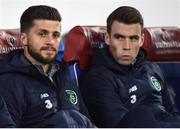 9 October 2017; Seamus Coleman, right, and Shane Long of Republic of Ireland prior to the FIFA World Cup Qualifier Group D match between Wales and Republic of Ireland at Cardiff City Stadium in Cardiff, Wales. Photo by Stephen McCarthy/Sportsfile