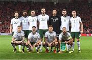 9 October 2017; The Republic of Ireland team, back row, from left to right, Harry Arter, Cyrus Christie, Stephen Ward, Shane Duffy, Daryl Murphy and Ciaran Clark. Front row, from left to right, James McClean, Robbie Brady, Jeff Hendrick and David Meyler prior to the FIFA World Cup Qualifier Group D match between Wales and Republic of Ireland at Cardiff City Stadium in Cardiff, Wales. Photo by Stephen McCarthy/Sportsfile