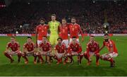 9 October 2017; The Wales team, back row, from left to right, Ashley Williams, Wayne Hennessey, James Chester, Hal Robson-Kanu. Front Row, from left to right, Chris Gunter, Ben Davies, Andy King, Joe Allen, Tom Lawrence, Aaron Ramsey and Joe Ledley prior to the FIFA World Cup Qualifier Group D match between Wales and Republic of Ireland at Cardiff City Stadium in Cardiff, Wales. Photo by Seb Daly/Sportsfile