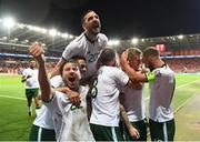 9 October 2017; James McClean, second from right, of Republic of Ireland celebrates with team-mates after scoring his side's first goal during the FIFA World Cup Qualifier Group D match between Wales and Republic of Ireland at Cardiff City Stadium in Cardiff, Wales. Photo by Stephen McCarthy/Sportsfile