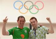 3 August 2012; Declan, left, and Lee O'Neill, from Portarlington, Co. Laois, at the ExCel Arena ahead of Michael Conlan's fly 52kg and Adam Nolan's welter 69kg round of 16 contests. London 2012 Olympic Games, Boxing, South Arena 2, ExCeL Arena, Royal Victoria Dock, London, England. Picture credit: Stephen McCarthy / SPORTSFILE