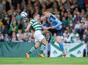 3 August 2012; Hugh Douglas, UCD, in action against Daryl Kavanagh, Shamrock Rovers. Airtricity League Premier Division, UCD v Shamrock Rovers, Belfield Bowl, UCD, Belfield, Dublin. Picture credit: Matt Browne / SPORTSFILE