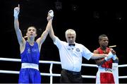 3 August 2012; Michael Conlan, Ireland, celebrates as he is declared the winner over Duke Micah, Ghana, after their men's fly 52kg round of 16 contest. London 2012 Olympic Games, Boxing, South Arena 2, ExCeL Arena, Royal Victoria Dock, London, England. Picture credit: David Maher / SPORTSFILE