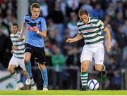3 August 2012; Stephen Rice, Shamrock Rovers, in action against Paul Corry, UCD. Airtricity League Premier Division, UCD v Shamrock Rovers, Belfield Bowl, UCD, Belfield, Dublin. Picture credit: Matt Browne / SPORTSFILE
