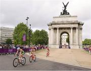 4 August 2012; Ireland's Aileen Morrison in action during the cycling discipline of the women's triathlon final as she passes Wellington Arch, at Hyde Park Corner. London 2012 Olympic Games, Triathlon, Hyde Park, London, England. Picture credit: David Maher / SPORTSFILE