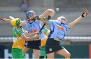 4 August 2012; Alison Twomey, right, and Sarah Ryan, Dublin, in action against Lorraine Kenna, Offaly. All-Ireland Senior Camogie Championship Quarter-Final, Dublin v Offaly, Parnell Park, Dublin. Picture credit: Ray Lohan / SPORTSFILE