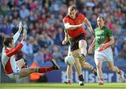 4 August 2012; Kalum King, Down, shoots past Mayo goalkeeper David Clarke to score his side's first goal. GAA Football All-Ireland Senior Championship Quarter-Final, Down v Mayo, Croke Park, Dublin. Picture credit: Brian Lawless / SPORTSFILE