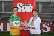 4 August 2012; Offaly's Elaine Dermody, left, is presented with the Player of the Match award by Mary Connor, Offaly Camogie Council. All-Ireland Senior Camogie Championship Quarter-Final, Dublin v Offaly, Parnell Park, Dublin. Picture credit: Ray Lohan / SPORTSFILE
