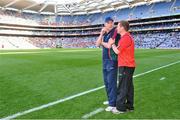 4 August 2012; Down manager James McCartan approaches Mayo manager James Horan to shake hands seconds before the final whistle. GAA Football All-Ireland Senior Championship Quarter-Final, Down v Mayo, Croke Park, Dublin. Picture credit: Brian Lawless / SPORTSFILE