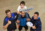 12 October 2017; Jayden Moore-Connors pictured with Leinster Rugby players Josh van der Flier, Adam Byrne and Noel Reid. Representing Debra Ireland, one of Leinster Rugby’s two charity partners, Jayden will lead Leinster Rugby out for Saturday’s Champions Cup clash against Montpellier in honour of two brave children living with butterfly skin disease EB (epidermolysis bullosa) – his sister Casey and the late Liam Hagan who died of EB three weeks before he was due to be the Leinster mascot against Connacht a year ago. Anyone wishing to support Debra Ireland during #EBAwarenessWeek (23rd – 29th October 2017) is asked to text BUTTERFLY to 50300 to donate €4 and Debra Ireland will receive a minimum of €3.25 from every donation. Photo by Cody Glenn/Sportsfile
