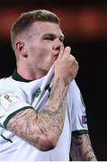 9 October 2017; James McClean of Republic of Ireland kisses the badge on his jersey following his side's victory during the FIFA World Cup Qualifier Group D match between Wales and Republic of Ireland at Cardiff City Stadium in Cardiff, Wales. Photo by Seb Daly/Sportsfile