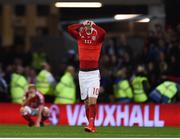 9 October 2017; Aaron Ramsey of Wales reacts following his side's defeat during the FIFA World Cup Qualifier Group D match between Wales and Republic of Ireland at Cardiff City Stadium in Cardiff, Wales. Photo by Seb Daly/Sportsfile
