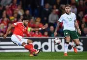 9 October 2017; Ashley Williams of Wales in action against Jeff Hendrick of Republic of Ireland during the FIFA World Cup Qualifier Group D match between Wales and Republic of Ireland at Cardiff City Stadium in Cardiff, Wales. Photo by Stephen McCarthy/Sportsfile