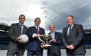 10 October 2017; In attendance at Croke Park for the draw and launch of the Top Oil Leinster Schools Senior Football ‘A’ Championship were, from left, Gerard Boylan, CEO Top Oil, Des Halpenny, Leinster Schools Chairperson, John Muhare, brother of the late Brother Bosco, and Jim Bolger, Leinster GAA Chairman, with the Brother Bosco Cup. Croke Park, Dublin. Photo by Sam Barnes/Sportsfile
