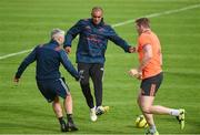 10 October 2017; Simon Zebo of Munster in action against head of fitness Aled Walters and Chris Farrell during Munster Rugby Squad Training at University of Limerick in Limerick. Photo by Diarmuid Greene/Sportsfile