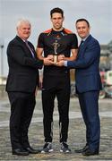 12 October 2017; Dublin’s James McCarthy and Galway’s Gearóid McInerney have been confirmed as the PwC GAA/GPA Players of the Month for September in football and hurling. David McGee, right, Markets and Strategy Partner, PwC, and Aogán Ó’Fearghaíl, GAA President are pictured with Galway hurler Gearoid McInerney at the announcement of the September PwC GAA/GPA Player of the Month Awards during a reception at PwC Offices, in Spencer Dock, Dublin.  Photo by Brendan Moran/Sportsfile