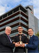 12 October 2017; Dublin’s James McCarthy and Galway’s Gearóid McInerney have been confirmed as the PwC GAA/GPA Players of the Month for September in football and hurling. David McGee, right, Markets and Strategy Partner, PwC, and Aogán Ó’Fearghaíl, GAA President are pictured with Dublin footballer James McCarthy at the announcement of the September PwC GAA/GPA Player of the Month Awards during a reception at PwC Offices, in Spencer Dock, Dublin.  Photo by Brendan Moran/Sportsfile