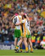 5 August 2012; Donegal players Christy Toye, left, goalscorer Colm McFadden and corner back Paddy McGrath celebrate victory. GAA Football All-Ireland Senior Championship Quarter-Final, Donegal v Kerry, Croke Park, Dublin. Picture credit: Ray McManus / SPORTSFILE