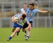 5 August 2012; Desmond Ward, Monaghan, in action against Maitias MacDonncha, Dublin. Electric Ireland GAA Football All-Ireland Minor Championship Quarter-Final, Dublin v Monaghan, Páirc Esler, Newry, Co. Down. Picture credit: Oliver McVeigh / SPORTSFILE