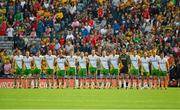 5 August 2012; The Donegal team stand for the National Anthem before the game. GAA Football All-Ireland Senior Championship Quarter-Final, Donegal v Kerry, Croke Park, Dublin. Picture credit: Barry Cregg / SPORTSFILE