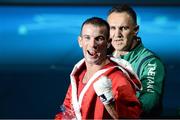 5 August 2012; John Joe Nevin, Ireland, in the company of Team Ireland boxing head coach Billy Walsh, celebrates after he was declared winner over Oscar Valdez Fierro, Mexico, after their men's bantam 56kg quarter-final contest. London 2012 Olympic Games, Boxing, South Arena 2, ExCeL Arena, Royal Victoria Dock, London, England. Picture credit: David Maher / SPORTSFILE