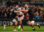 13 October 2017; Christian Lealiifano of Ulster is tackled by Elliot Daly and Brendan Macken of Wasps  during the European Rugby Champions Cup Pool 1 Round 1 match between Ulster and Wasps at Kingspan Stadium in Belfast. Photo by Oliver McVeigh/Sportsfile