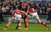 13 October 2017; James Haskell of Wasps is tackled by Christian Lealiifano, left, and Kieran Treadwell of Ulster during the European Rugby Champions Cup Pool 1 Round 1 match between Ulster and Wasps at Kingspan Stadium in Belfast. Photo by Oliver McVeigh/Sportsfile
