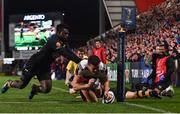 13 October 2017; Jacob Stockdale of Ulster goes over to score his side's first try despite the tackle from Christian Wade of Wasps during the European Rugby Champions Cup Pool 1 Round 1 match between Ulster and Wasps at Kingspan Stadium in Belfast. Photo by David Fitzgerald/Sportsfile