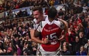 13 October 2017; Jacob Stockdale of Ulster celebrates after scoring his side's first try with team mate Charles Piutau during the European Rugby Champions Cup Pool 1 Round 1 match between Ulster and Wasps at Kingspan Stadium in Belfast. Photo by David Fitzgerald/Sportsfile