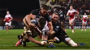 13 October 2017; Stuart McCloskey of Ulster goes over to score his side's second try despite the tackle from Jimmy Gopperth, left, and Dan Robson of Wasps during the European Rugby Champions Cup Pool 1 Round 1 match between Ulster and Wasps at Kingspan Stadium in Belfast. Photo by David Fitzgerald/Sportsfile