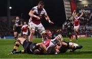 13 October 2017; Stuart McCloskey of Ulster goes over to score his side's second try despite the tackle from Jimmy Gopperth, left, and Dan Robson of Wasps during the European Rugby Champions Cup Pool 1 Round 1 match between Ulster and Wasps at Kingspan Stadium in Belfast. Photo by David Fitzgerald/Sportsfile